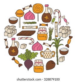 Vector background on sugar type theme with hand drawn cartoon objects