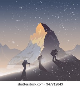 Vector background on the theme of Climbing, Trekking, Hiking, Mountaineering. Extreme sports, outdoor recreation, adventure in the mountains, vacation. Achievement. The Matterhorn. Double exposure.
