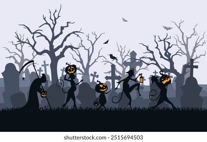 Vektorhintergrund zum Thema Halloween-Feier. Silhouetten von Grabsteinen und Monstern in der unheilvollen Atmosphäre des Friedhofs der Dämmerung