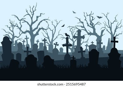 Vektorhintergrund zum Thema Halloween-Feier. Silhouetten von Grabsteinen in der unheilvollen Atmosphäre des Friedhofs der Dämmerung