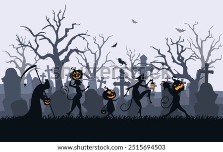 Vector background on the theme of Halloween celebration. Silhouettes of tombstones and monsters in the ominous atmosphere of the twilight cemetery