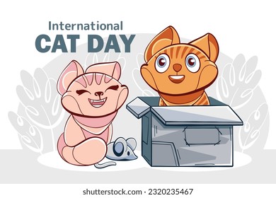 Vector background on the theme of International Cat Day with cute cats in cartoon style.