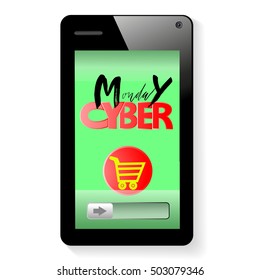 Vector background of online shoping. Add to cart on mobile smartphone device. Cyber Monday lettering.