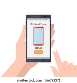 Vector background of online shoping. Vector illustration. Human finger choosing smart phone and add to cart on mobile smartphone device.