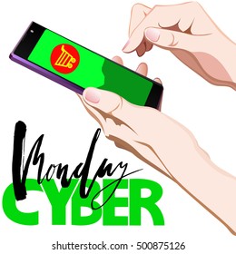 Vector background of online shoping. Vector illustration. Human finger choosing smart phone and add to cart on mobile smartphone device. Cyber Monday lettering.
