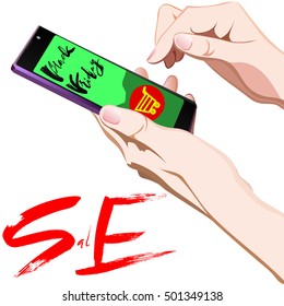 Vector background of online shoping. Vector illustration. Human finger choosing smart phone and add to cart on mobile smartphone device. Black Friday lettering.