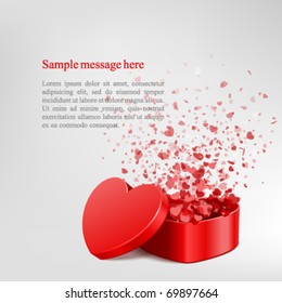 Vector background with open heart gift and fly hearts