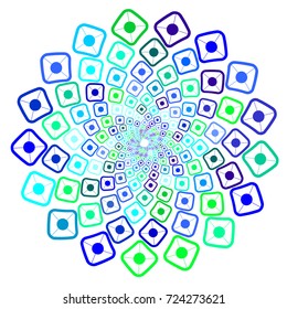 Vector background optical illusion. A square and a point. Spiral rotation. Isolated design element. Blue, white, cold, multicolor.