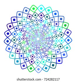 Vector background optical illusion. A square and a point. Spiral rotation. Isolated design element. Blue, cold, halftone, banner, round, circle.