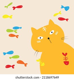 Vector Of Background Of Orange Cat Watching Colorful Fish