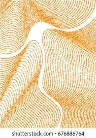 Vector background with orange circles. Curve lines of multiple colorful round confetti on white. Abstract pattern, looks like striped sand from Japanese Rock Garden. Dots confetti vertical banner.