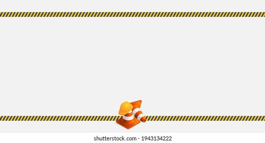 Vector background with orange plastic traffic cones, construction helmet, safety tape and copyspace. Under construction template on light gray background. Vector illustration.
