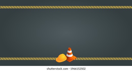 Vector background with orange plastic traffic cones, construction helmet, safety tape and copyspace. Under construction template on dark gray background. Vector illustration.