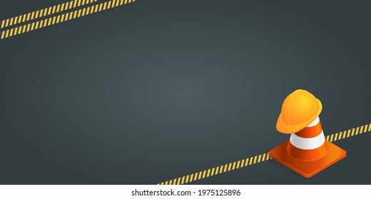 Vector background with orange plastic traffic cones, construction helmet, safety tape and copyspace. Under construction template on dark gray background. Vector illustration.