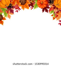 Vector background with orange pumpkins, pinecones and colorful autumn leaves.