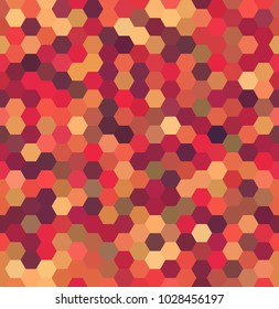 Vector background with orange, red, beige hexagons. Can be used for printing onto fabric and paper or decoration.