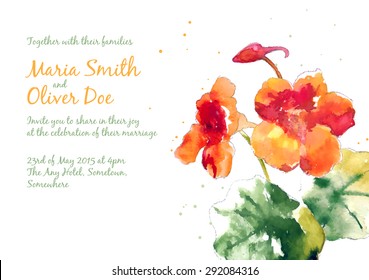 Vector background with orange watercolor nasturtium for wedding invitation or flyer