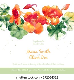 Vector background with orange watercolor nasturtium for wedding invitation or flyer
