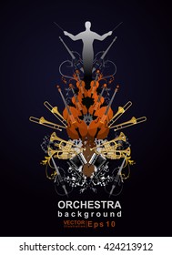 El fondo vectorial de la orquesta. El cartel del concierto clásico. La orquesta filarmónica.  