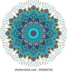 Vector background. Oriental round floral paisley pattern with peacock feathers.