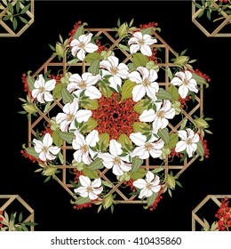 Vector background. Oriental round floral paisley pattern with clematis.