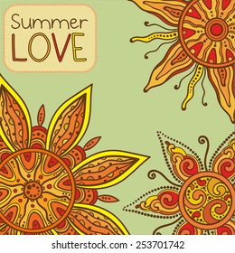 Vector background with ornament of the graphic suns Summer love. Traditional indian style