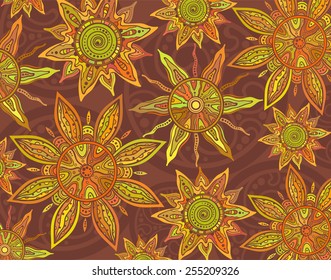 Vector background with ornament of the graphic suns. Traditional indian style