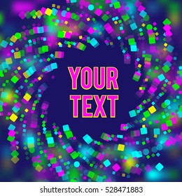 Vector background in outer space theme. Scattered colored shapes on a dark blue background. Space for text. Image of a bright design.