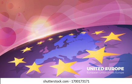 Vector background with the outline of Europe on the globe. Sunrise over a United Europe. Yellow star logo of the European Union. Concept of uniting European countries to solve common problems.