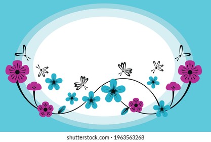 Vector background with an oval frame with abstract pink and turquoise flowers and butterflies connected by a thin black line. Spring tender template, free space, postcard, piglets, packaging design.