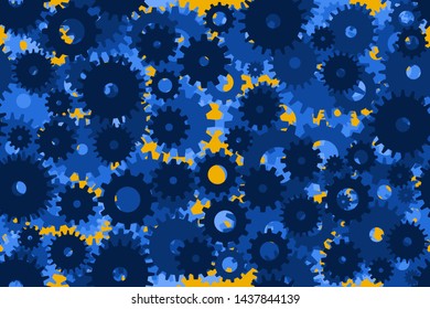 Vector background of overlaid layers of gears in blue tones. Suitable for printing on fabric, covers of books, magazines and school textbooks.