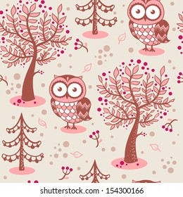 Vector background with owls. Floral seamless pattern with  forest.