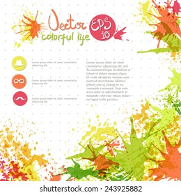 Vector background with paint stains, blot. Page design, drops of paint.