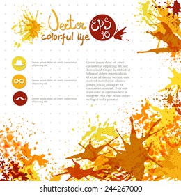 Vector background with paint stains, blot. Page design, drops of paint.