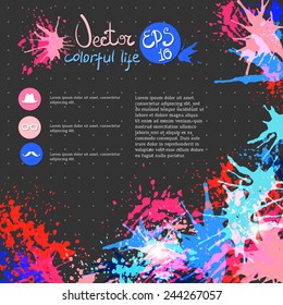 Vector background with paint stains, blot. Page design, drops of paint.