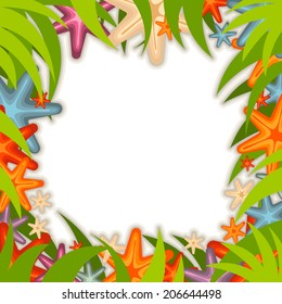 Vector background with palm leaves and starfishes