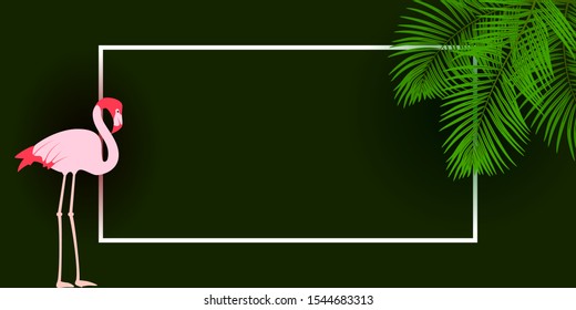 Vector background with palm tree leaves, pink flamingo, frame and space for text