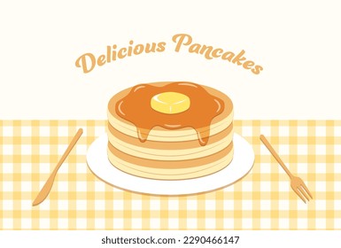 vector background with pancakes with butter and maple syrup on plate for banners, cards, flyers, social media wallpapers, etc.