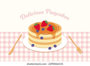 vector background with pancakes with strawberries,  blueberries and maple syrup on plate for banners, cards, flyers, social media wallpapers, etc.