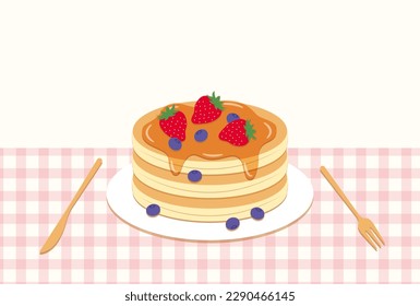 vector background with pancakes with strawberries,  blueberries and maple syrup on plate for banners, cards, flyers, social media wallpapers, etc.