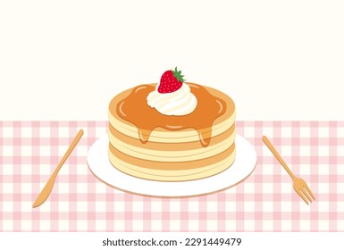 vector background with pancakes with strawberries, whipped cream and maple syrup on plate for banners, cards, flyers, social media wallpapers, etc.