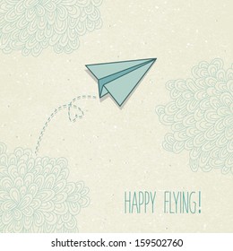 Vector background with a paper airplane and original clouds. Perfect for invitations, card, announcement or greetings.