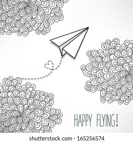 Vector background with a paper airplane and original clouds. Perfect for invitations, card, announcement or greetings.