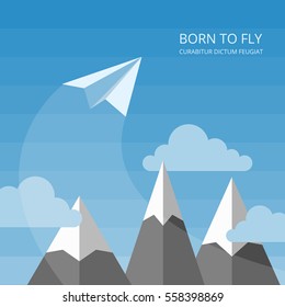 Vector background with paper airplanes. Paper plane origami fly in sky, illustration of paper plane toy in mountain.