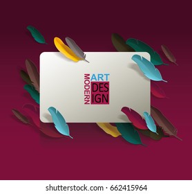 Vector background with paper card and colorful feathers