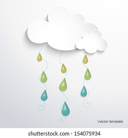 Vector background. Paper cloud and rain. Imitation volume paper art. Handmade quilling. Can be used as an information bubble. Realistic shadow. 