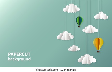 Vector background with paper cut shapes of clouds and balloons. 3D abstract paper art style, design layout for business presentations, flyers, posters, decoration, cards, brochure cover, banners.