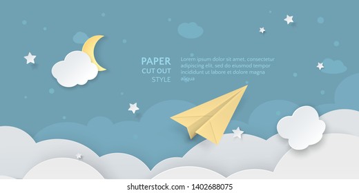 Vector background in paper cut style with folded origami plane, moon and 3D cloud. Template with realistic paper airplane flying in night sky. Concept for design of air travel or aspiration to purpose