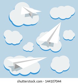 Vector background with paper planes and clouds
