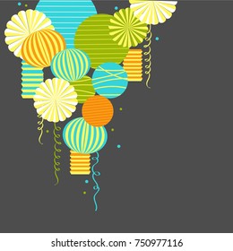  Vector background with paper Pom Poms, lanterns and garlands.  